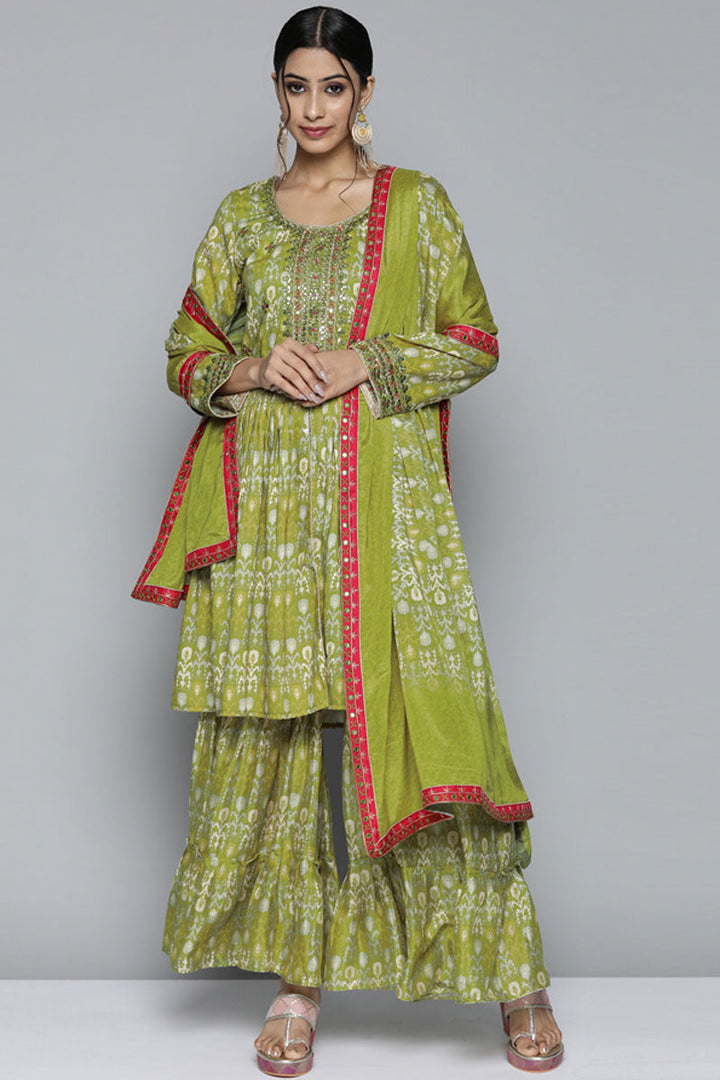 Green Color Digital Printed Aristocratic Fancy Fabric Sharara Suit