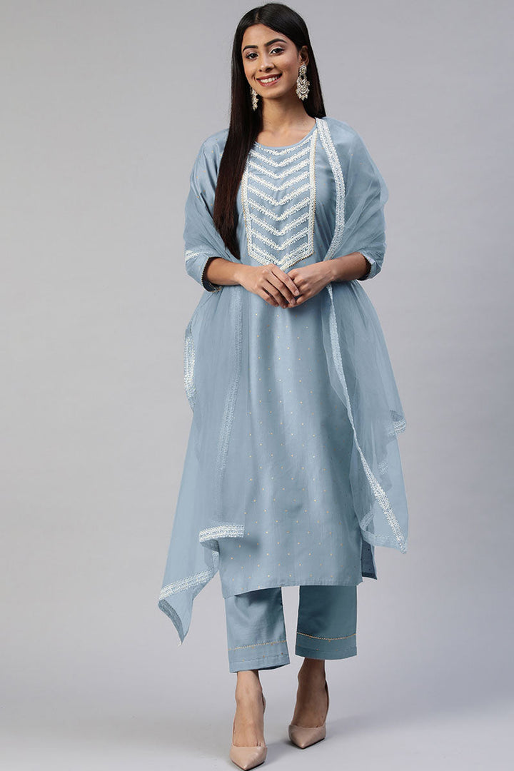 Chinon Fabric Charismatic Readymade Salwar Suit In Grey Color