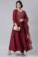 Load image into Gallery viewer, Chinon Fabric Maroon Color Salwar Suit With Winsome Embroidered Work
