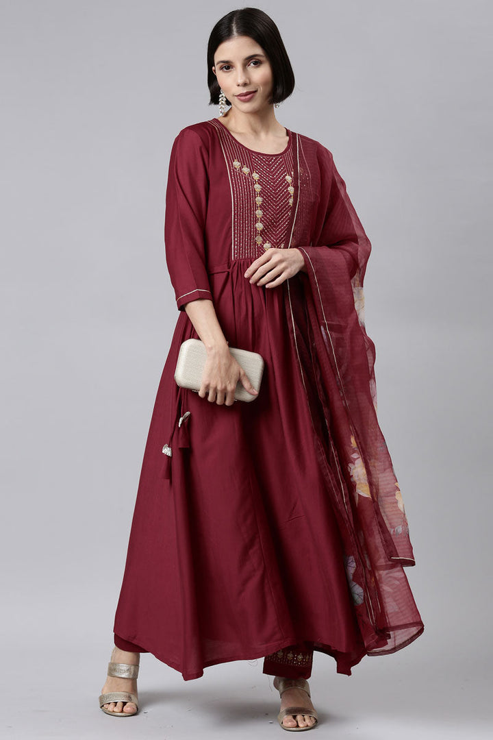 Chinon Fabric Maroon Color Salwar Suit With Winsome Embroidered Work
