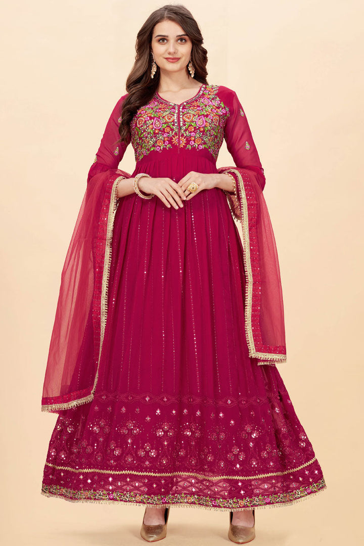 Georgette Fabric Function Wear Rani Color Fashionable Anarkali Suit