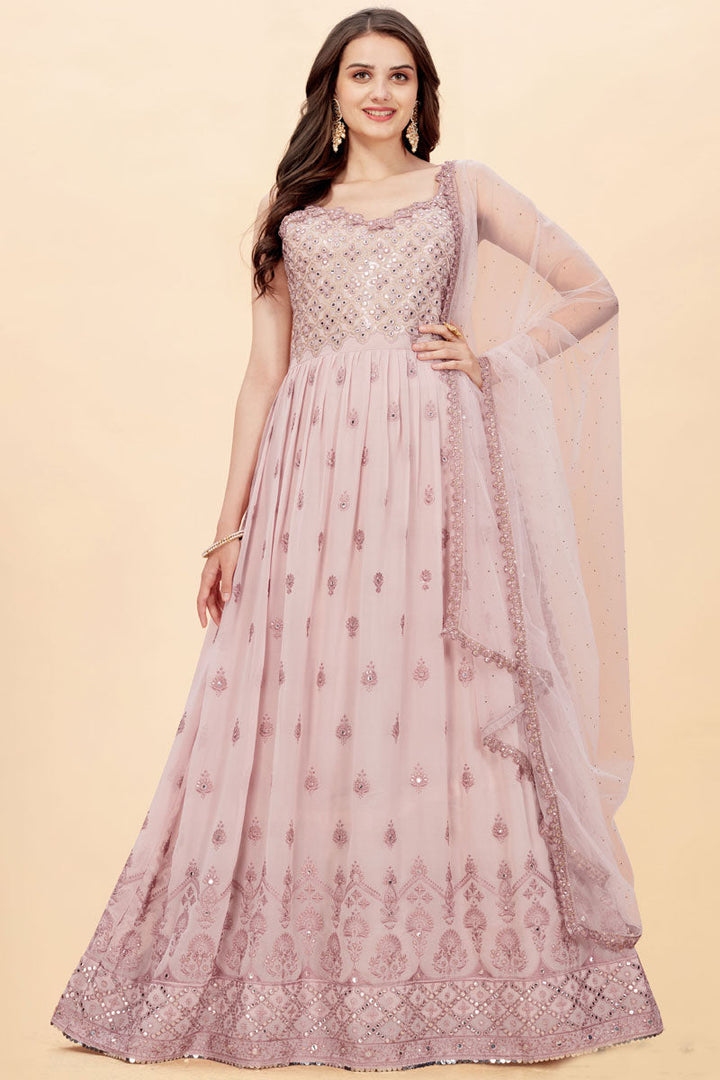 Georgette Fabric Function Wear Glorious Anarkali Suit In Pink Color