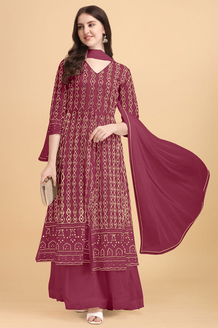 Appealing Rani Color Georgette Fabric Heavy Embroidered Work Palazzo Suit