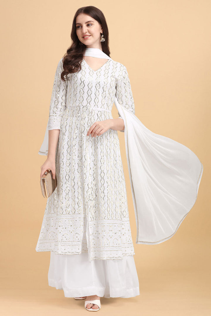 Georgette Fabric White Color Beguiling Palazzo Suit With Embroidered Work