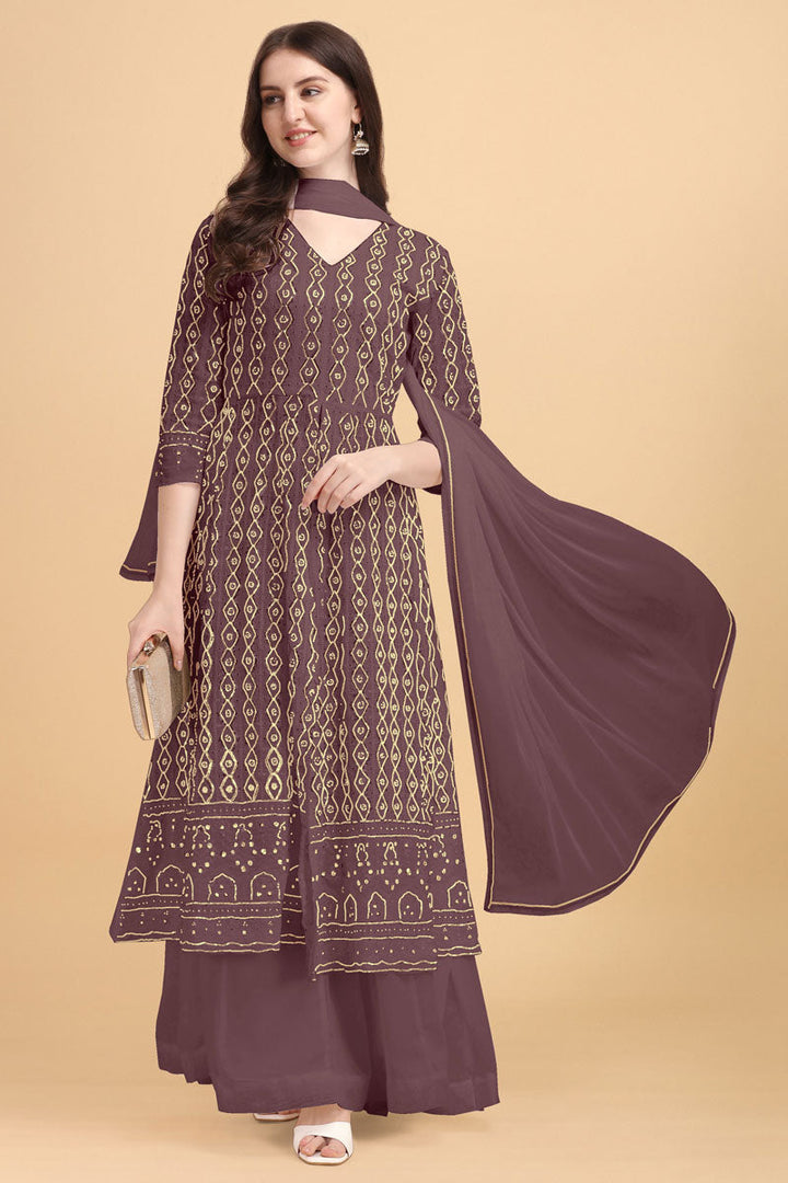 Brown Color Georgette Fabric Traditional Palazzo Suit With Embroidered Work