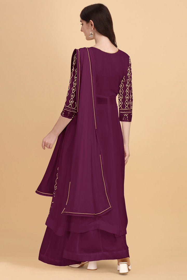 Excellent Georgette Fabric Purple Color Palazzo Suit With Embroidered Work