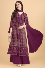 Load image into Gallery viewer, Excellent Georgette Fabric Purple Color Palazzo Suit With Embroidered Work
