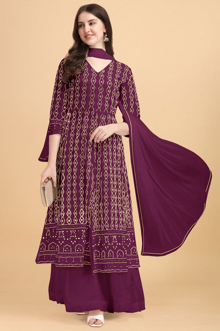 Excellent Georgette Fabric Purple Color Palazzo Suit With Embroidered Work