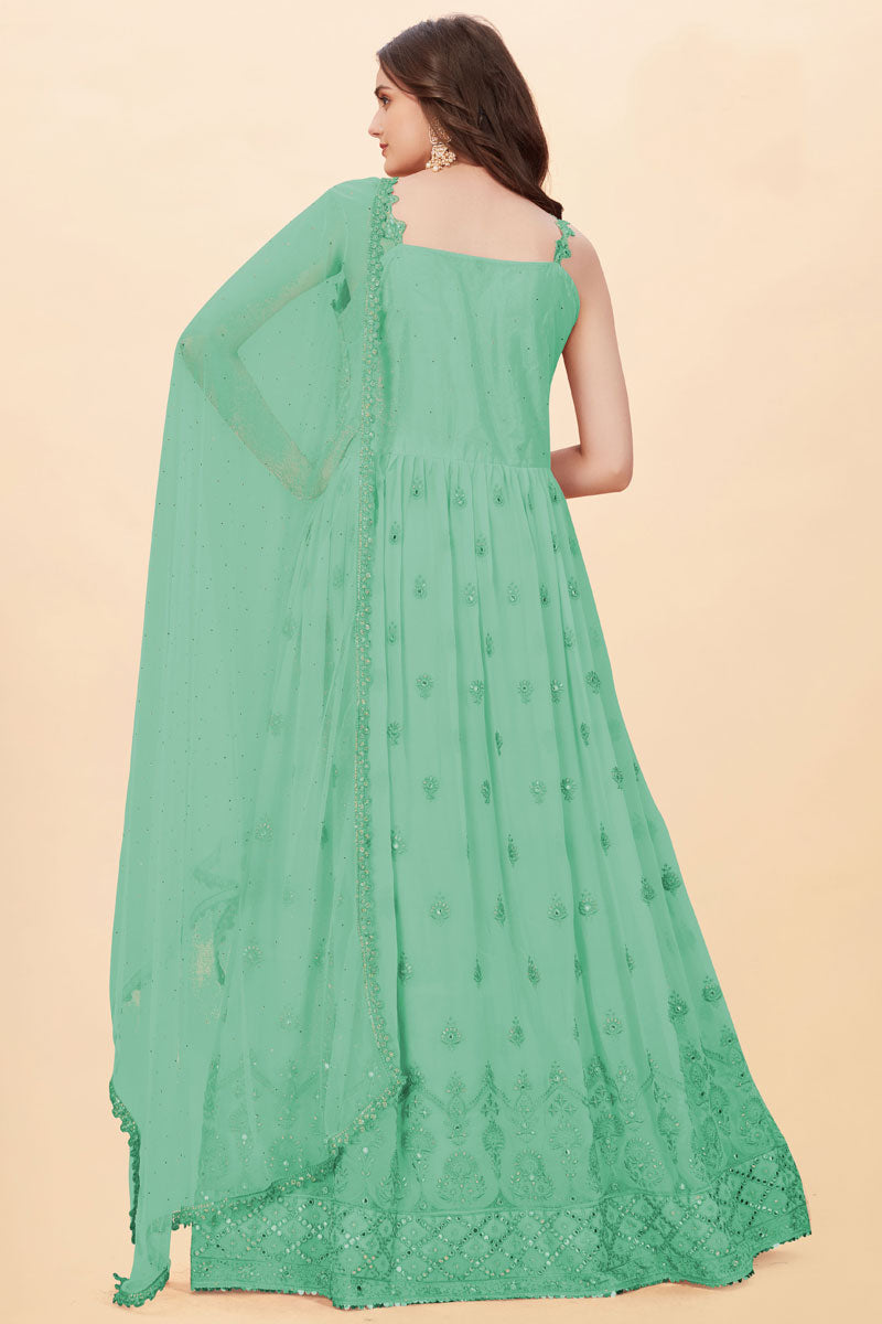 Function Wear Georgette Fabric Sea Green Color Spectacular Anarkali Suit