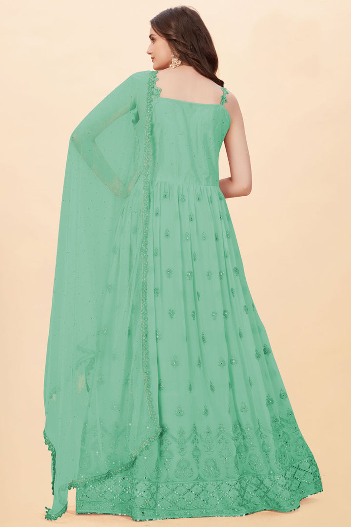 Function Wear Georgette Fabric Sea Green Color Spectacular Anarkali Suit