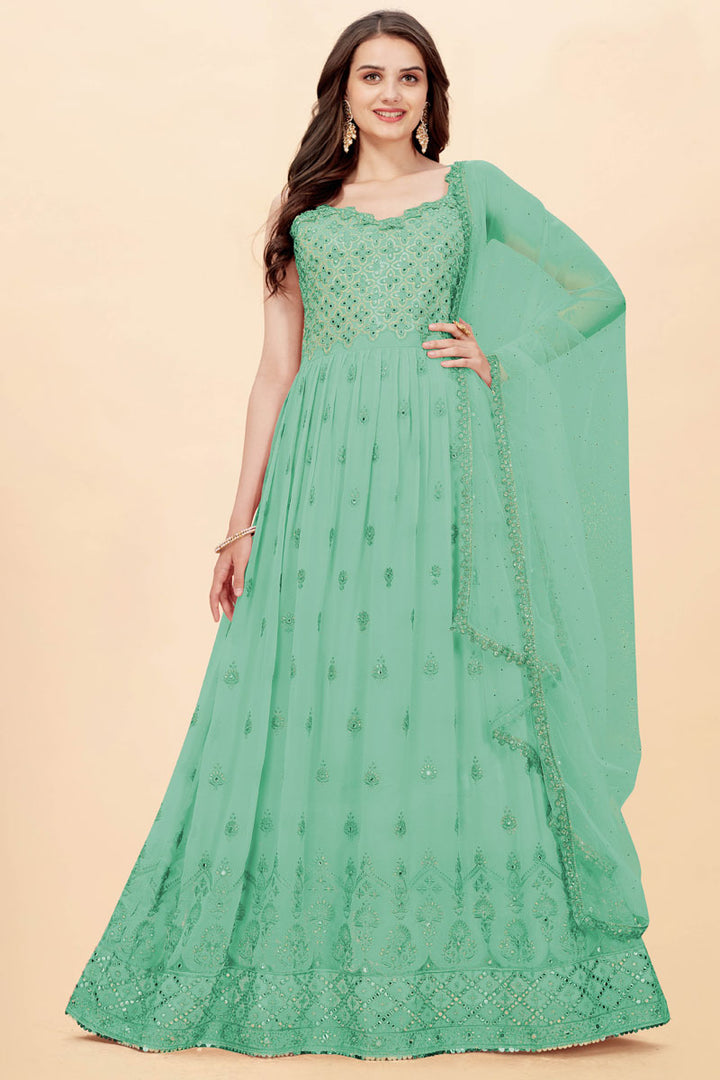 Function Wear Georgette Fabric Sea Green Color Spectacular Anarkali Suit