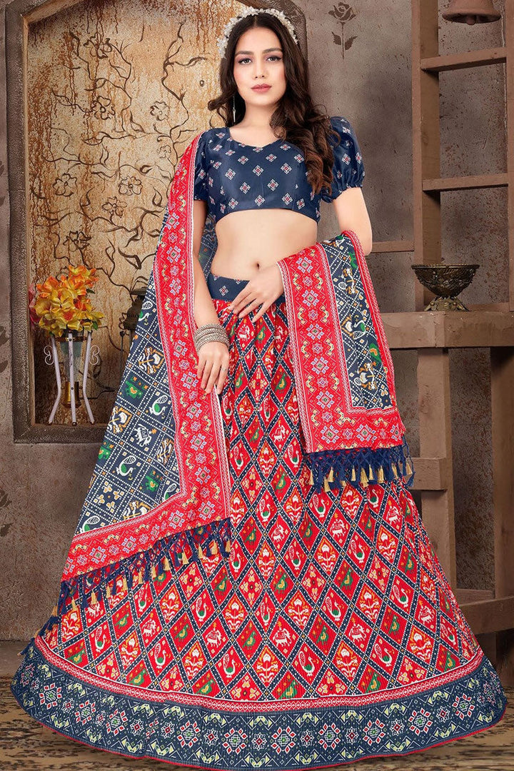 Readymade Satin Silk Fabric Red Color Winsome Printed Lehenga