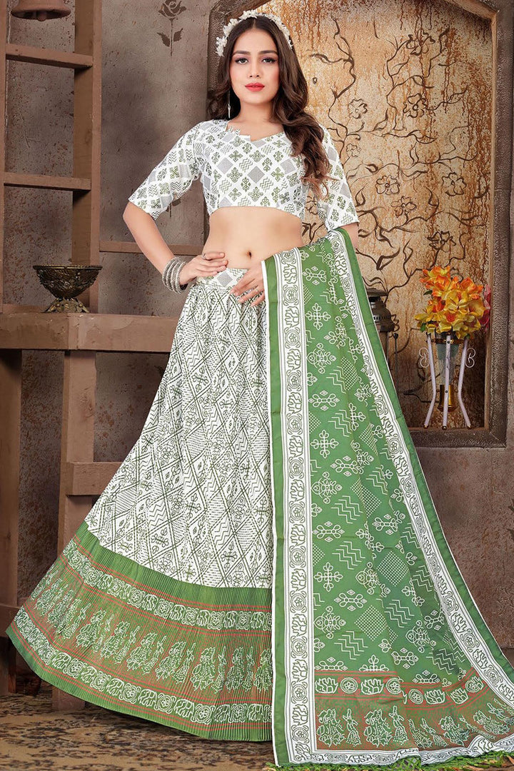 Off White Color Satin Silk Fabric Readymade Vintage Printed Lehenga