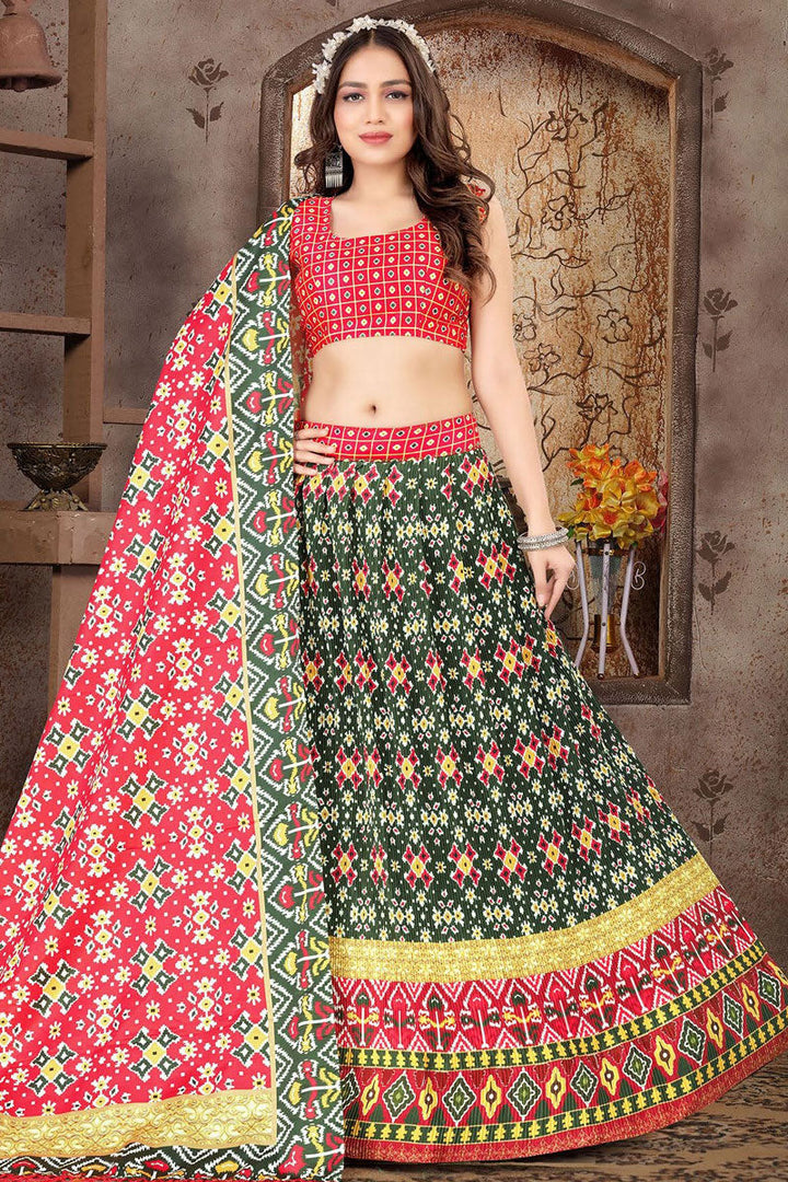 Readymade Satin Silk Fabric Green Color Excellent Printed Lehenga
