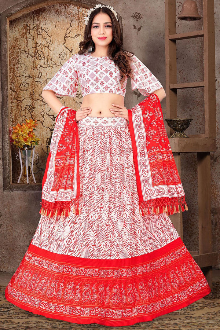 Readymade Satin Silk Fabric White Color Glamorous Printed Lehenga