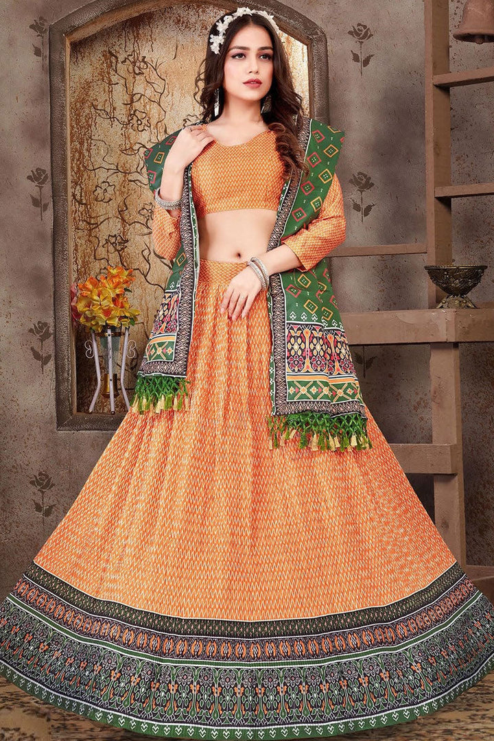Satin Silk Fabric Readymade Charming Printed Lehenga In Beige Color