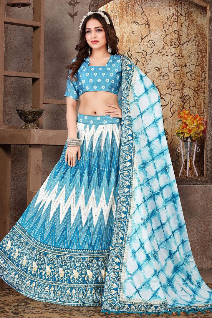 Readymade Satin Silk Fabric Cyan Color Adorming Printed Lehenga