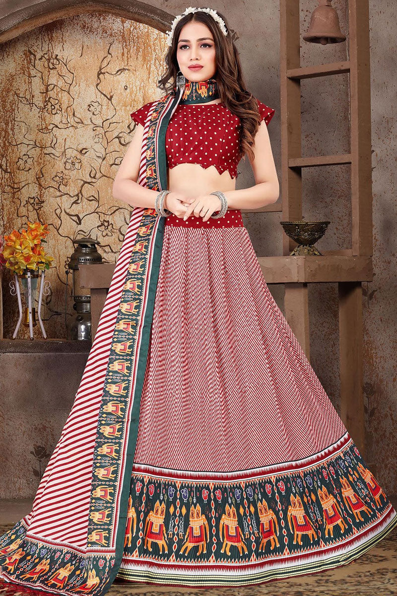 Brown Color Satin Silk Fabric Splendid Printed Readymade Lehenga