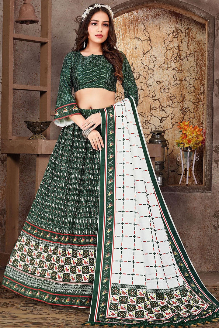 Dark Green Color Satin Silk Fabric Fascinating Readymade Printed Lehenga