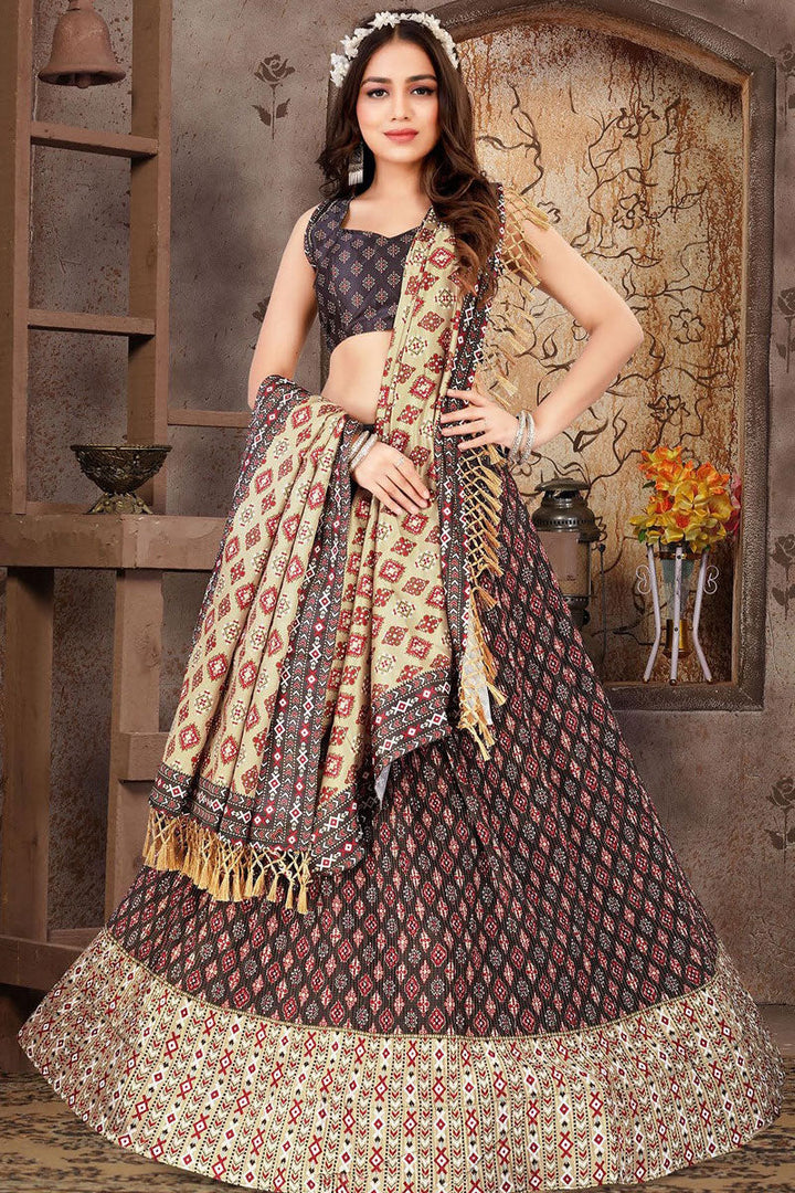 Satin Silk Fabric Black Color Readymade Beautiful Printed Lehenga