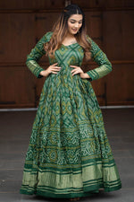 Load image into Gallery viewer, Art Silk Fabric Gorgeous Bandhej Printed Gown In Green Color
