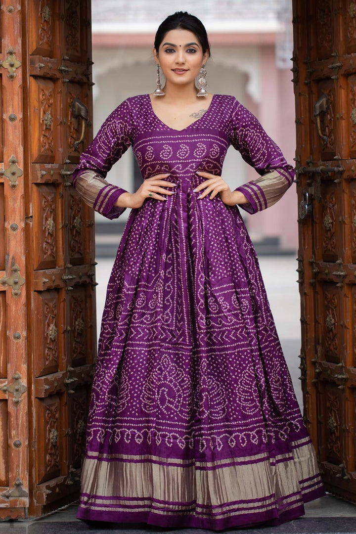Art Silk Fabric Purple Color Glorious Bandhej Printed Gown