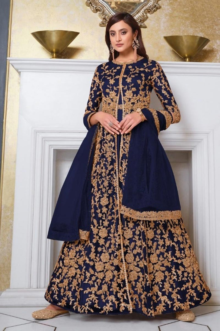 Reception Wear Net Fabric Blue Color Stylish Embroidered Anarkali Dress