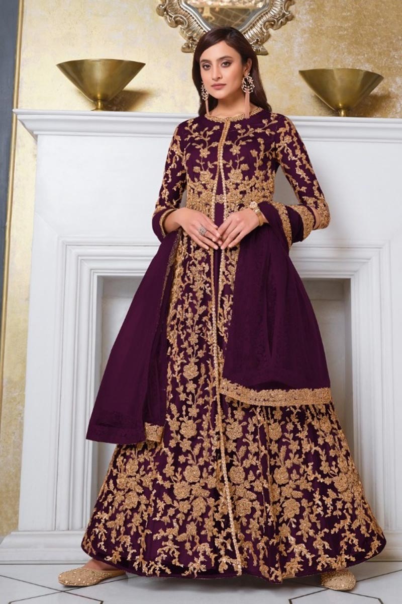 Net Fabric Function Wear Embroidered Purple Color Anarkali Salwar Kameez