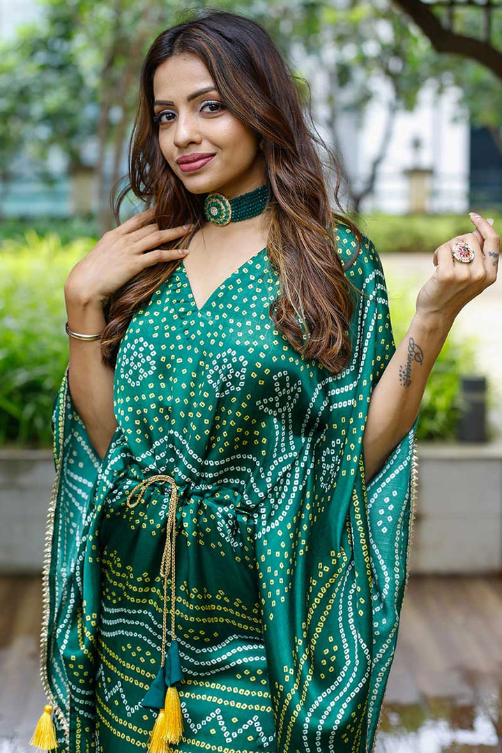 Art Silk Fabric Green Color Printed Spectacular Party Look Kaftan