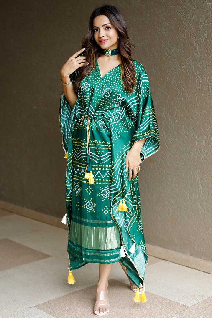 Art Silk Fabric Green Color Printed Spectacular Party Look Kaftan
