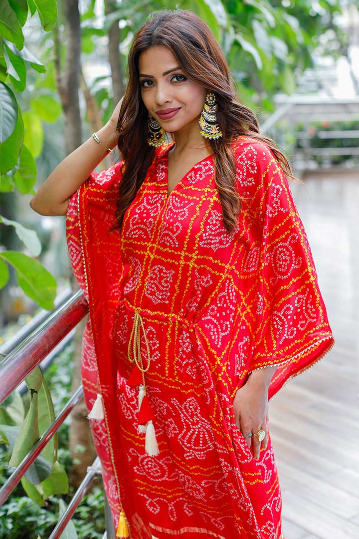 Art Silk Fabric Printed Awesome Party Look Kaftan In Red Color