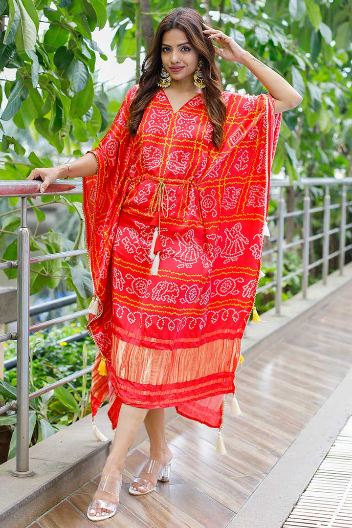 Art Silk Fabric Printed Awesome Party Look Kaftan In Red Color