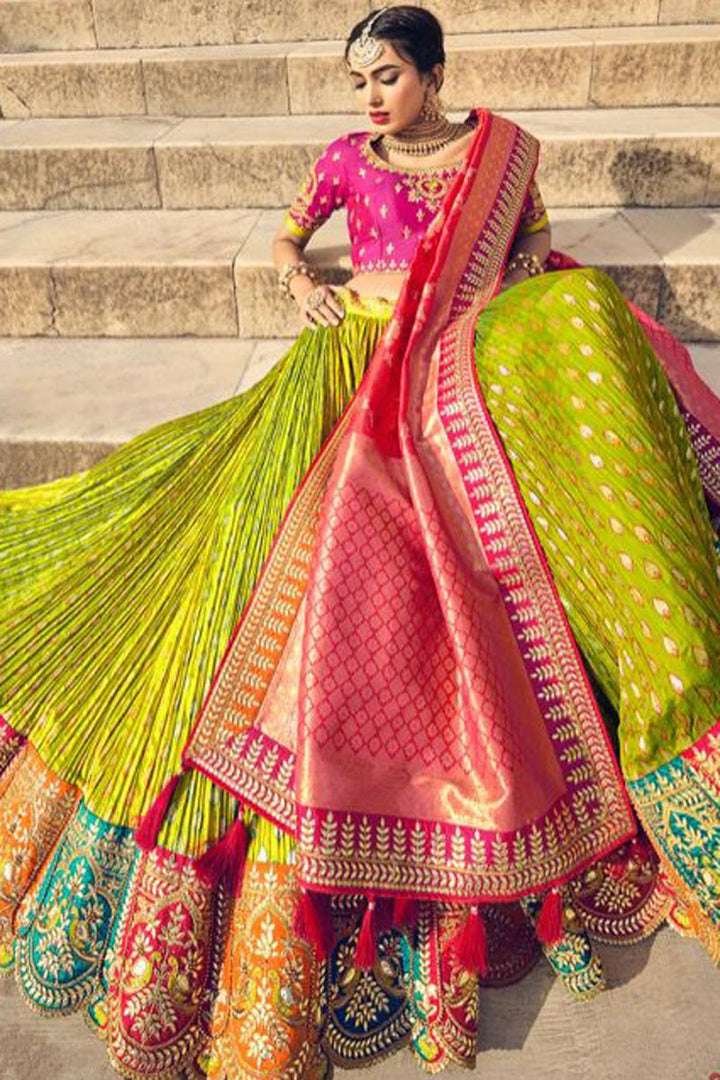 Wedding Wear Banarasi Silk Fabric Green Color Incredible Lehenga