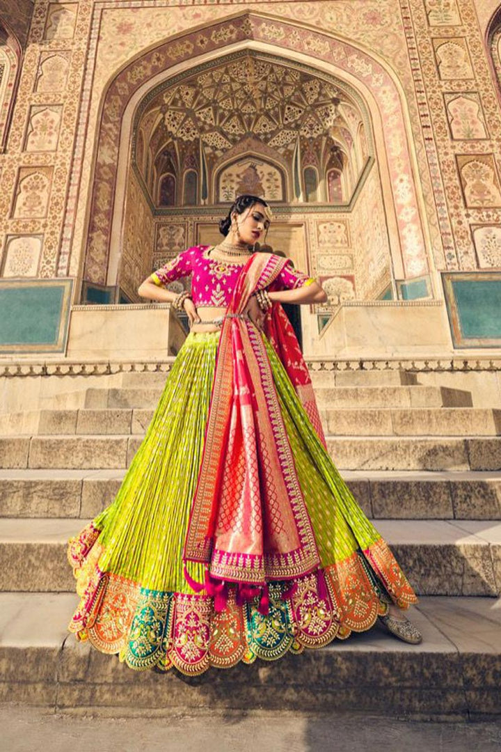 Wedding Wear Banarasi Silk Fabric Green Color Incredible Lehenga