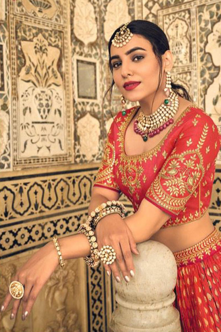 Banarasi Silk Fabric Orange Color Fantastic Lehenga In Wedding Wear
