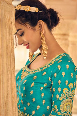 Banarasi Silk Fabric Teal Color Winsome Lehenga In Wedding Wear