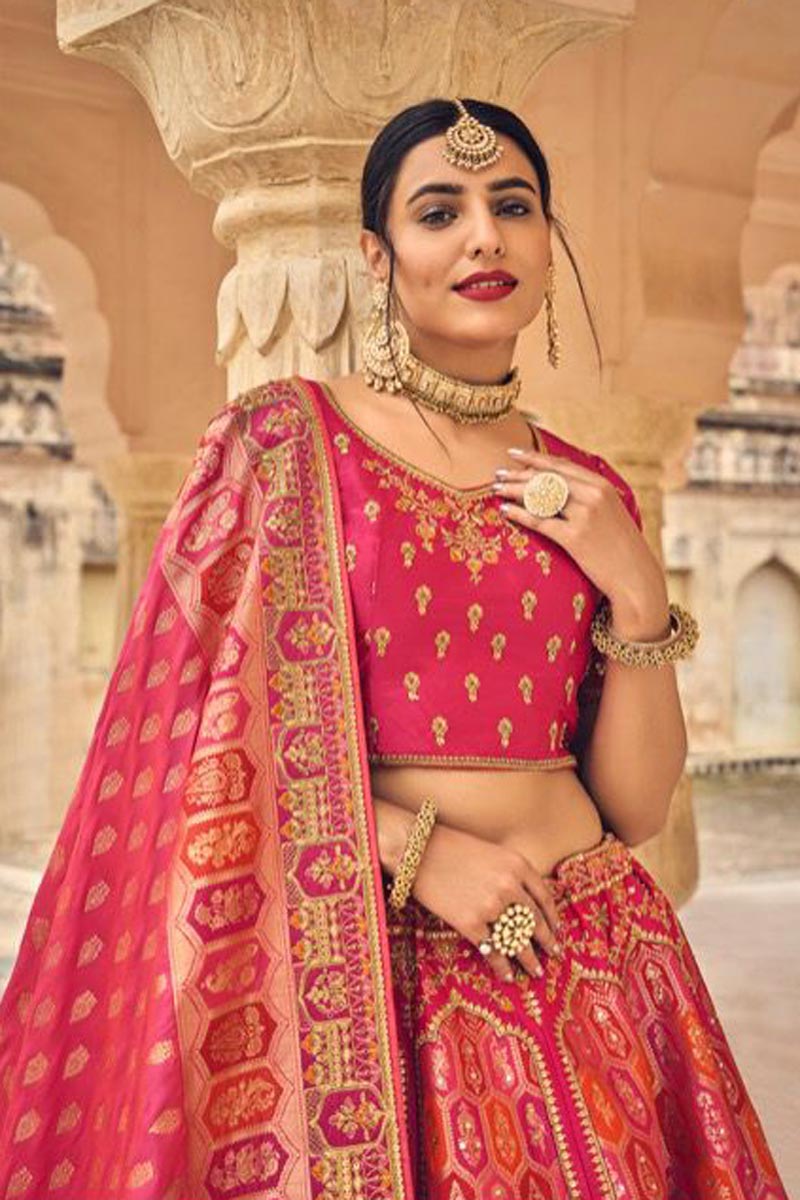 Pink Color Banarasi Silk Fabric Vintage Lehenga In Wedding Wear
