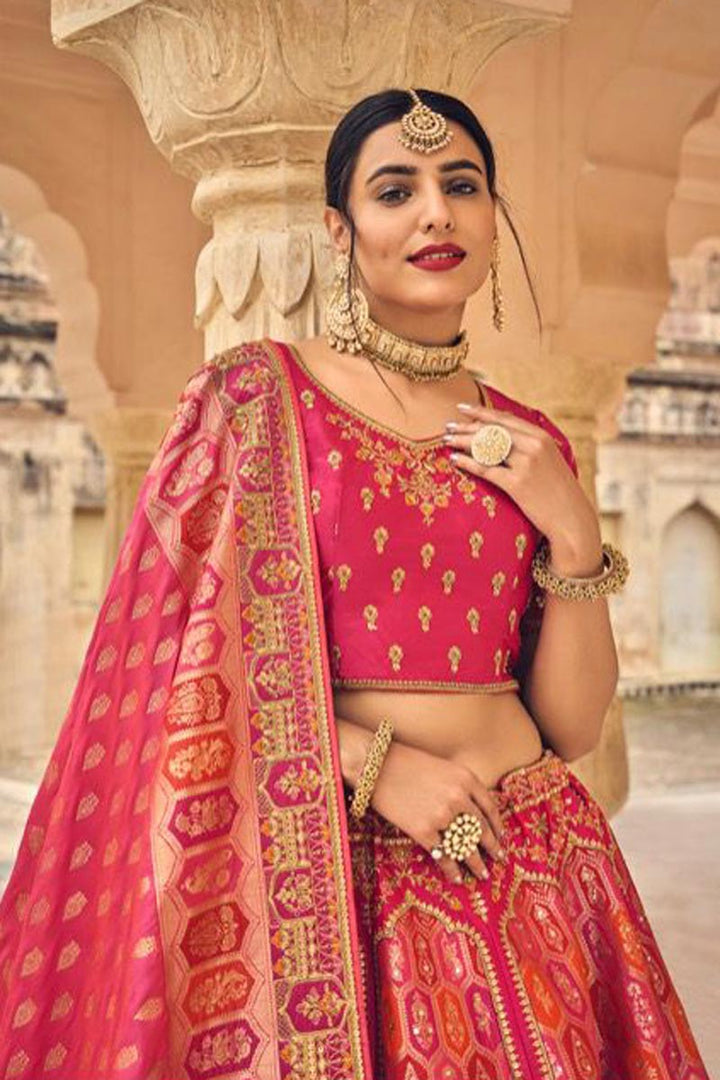 Pink Color Banarasi Silk Fabric Vintage Lehenga In Wedding Wear
