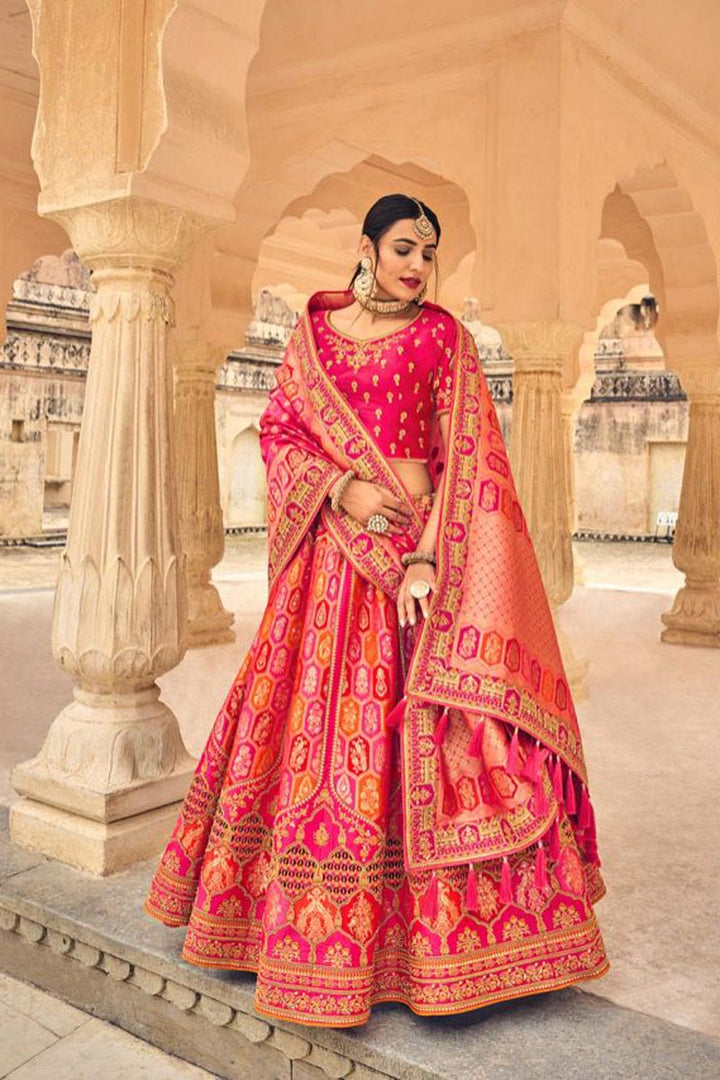 Pink Color Banarasi Silk Fabric Vintage Lehenga In Wedding Wear