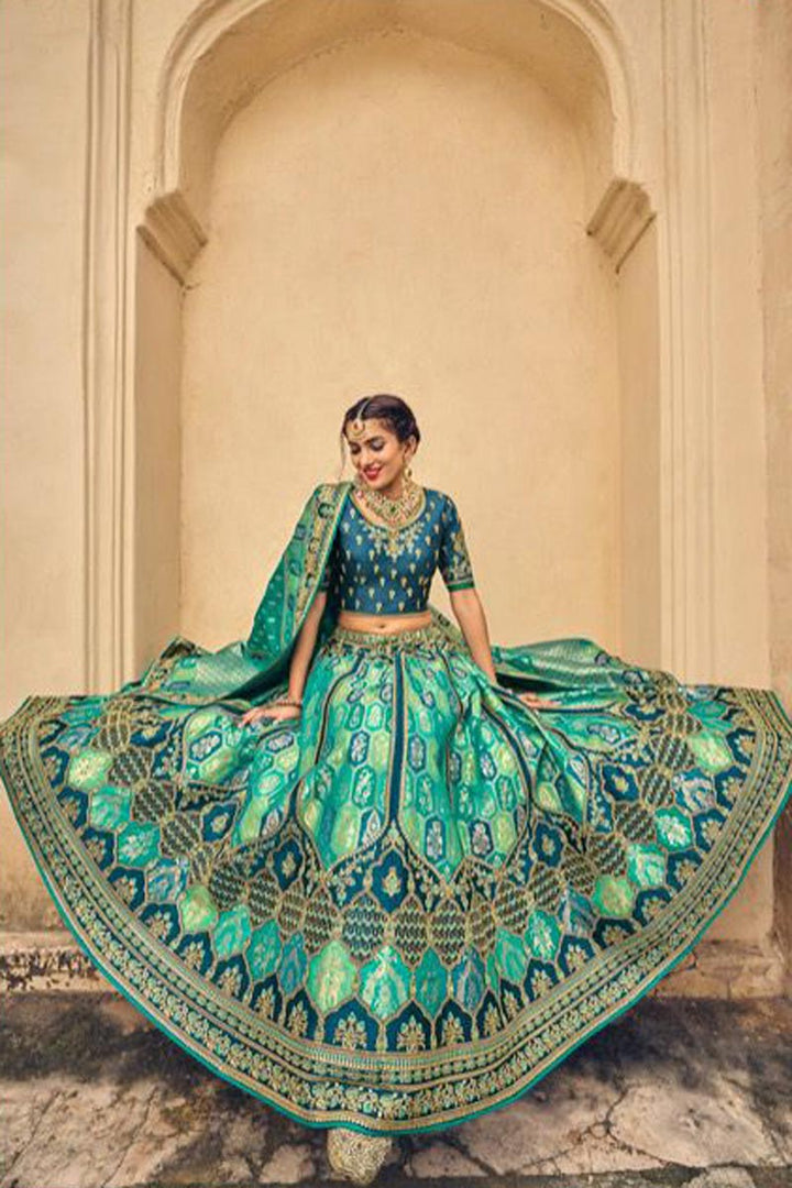 Banarasi Silk Fabric Sea Green Color Excellent Lehenga In Wedding Wear