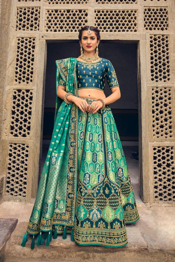Banarasi Silk Fabric Sea Green Color Excellent Lehenga In Wedding Wear