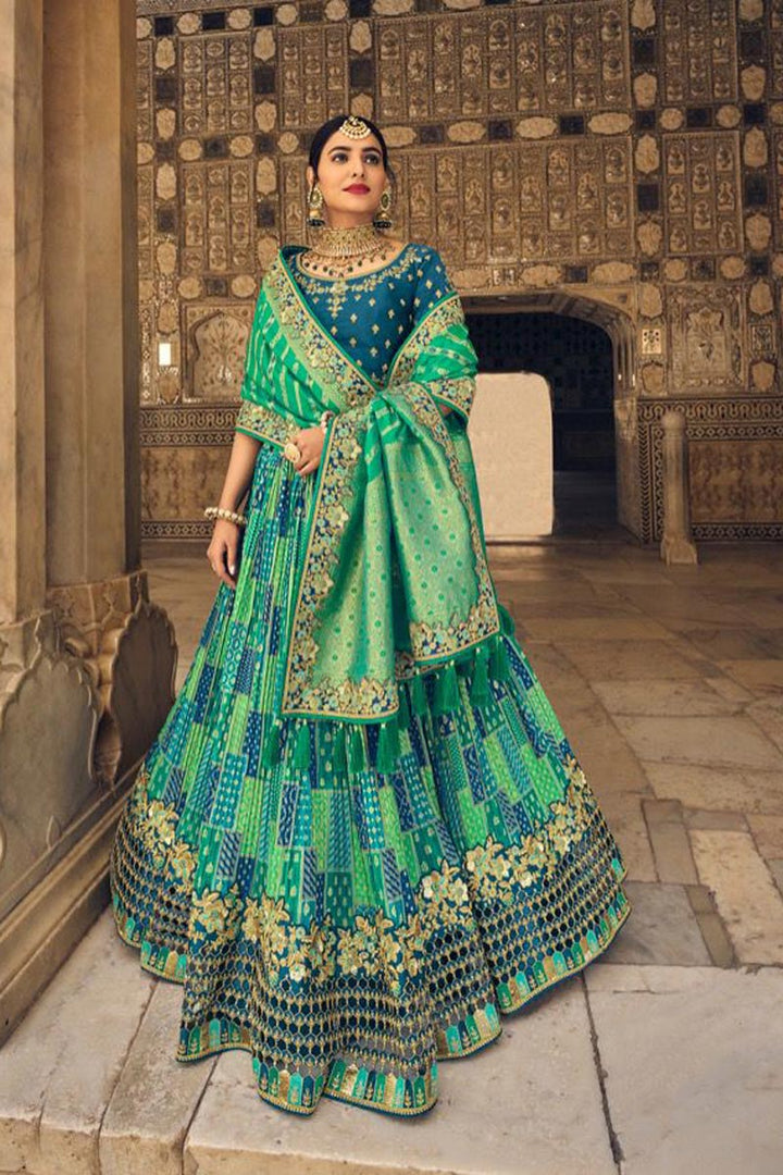Multi Color Wedding Wear Banarasi Silk Fabric Lovely Lehenga
