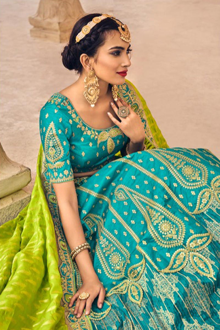 Wedding Wear Teal Color Banarasi Silk Fabric Supreme Lehenga