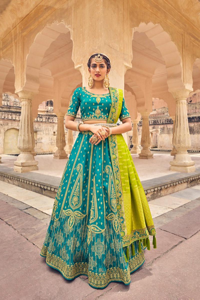 Wedding Wear Teal Color Banarasi Silk Fabric Supreme Lehenga