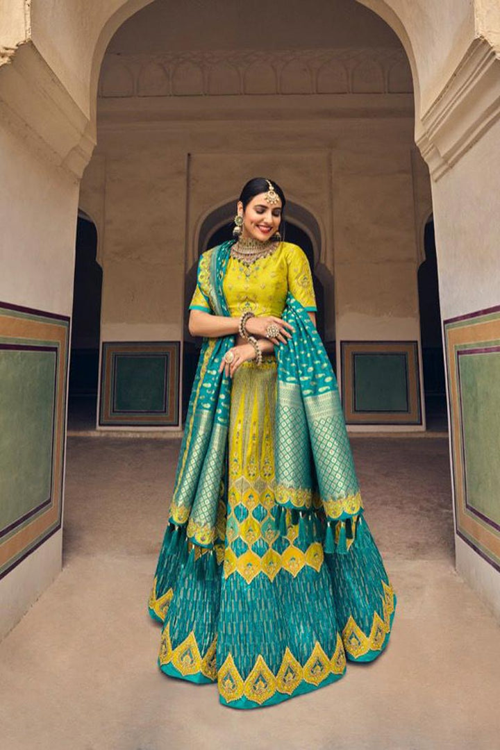 Mustard Color Wedding Wear Banarasi Silk Fabric Splendid Lehenga