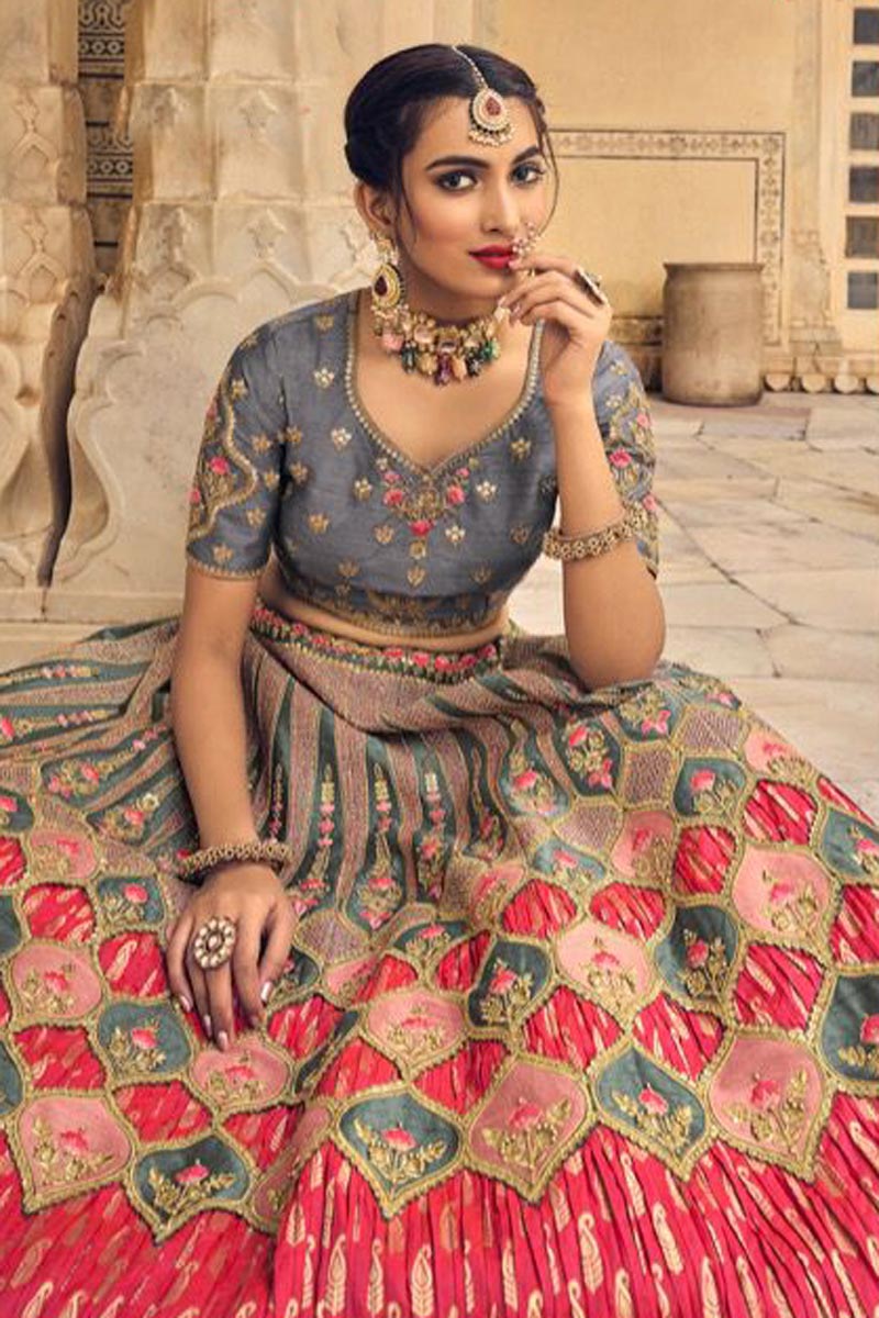 Wedding Wear Grey Color Banarasi Silk Fabric Fascinating Lehenga
