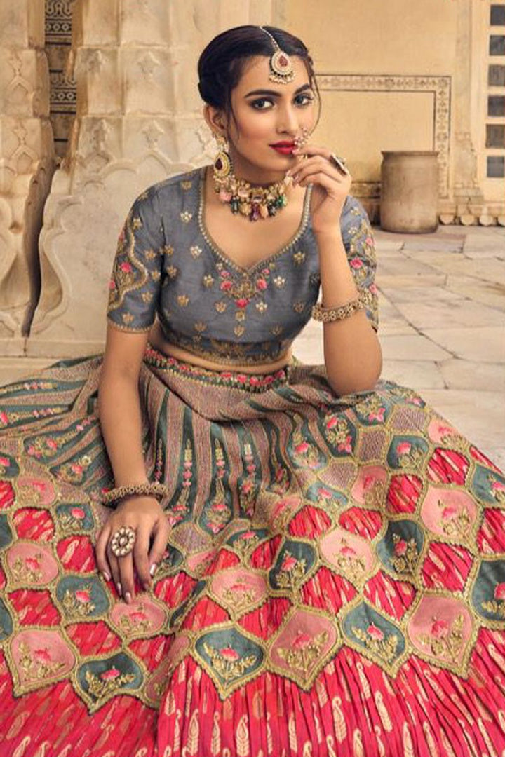 Wedding Wear Grey Color Banarasi Silk Fabric Fascinating Lehenga