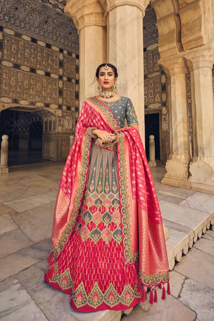 Wedding Wear Grey Color Banarasi Silk Fabric Fascinating Lehenga