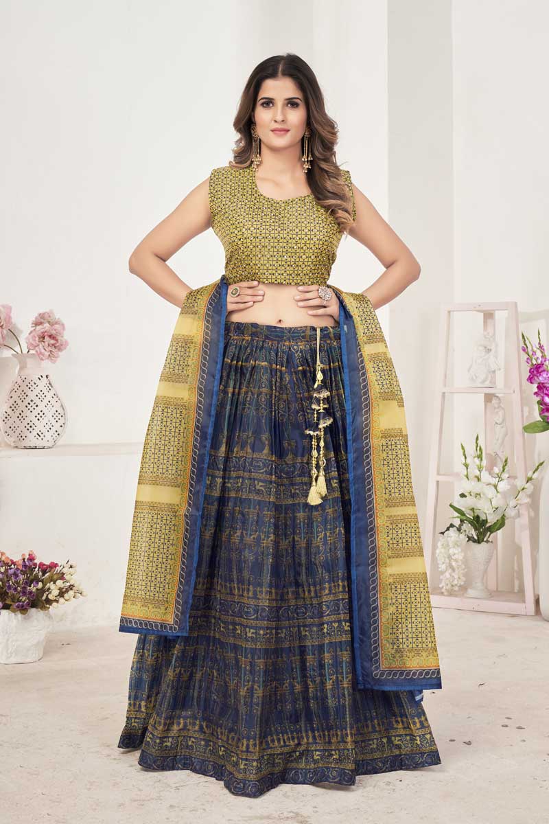 Organza Fabric Navy Blue Color Magnificent Printed Lehenga