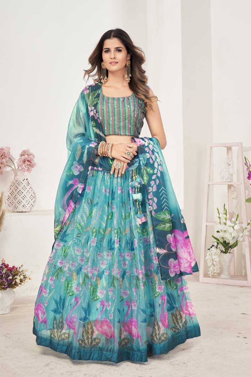 Cyan Color Organza Fabric Luminous Printed Lehenga